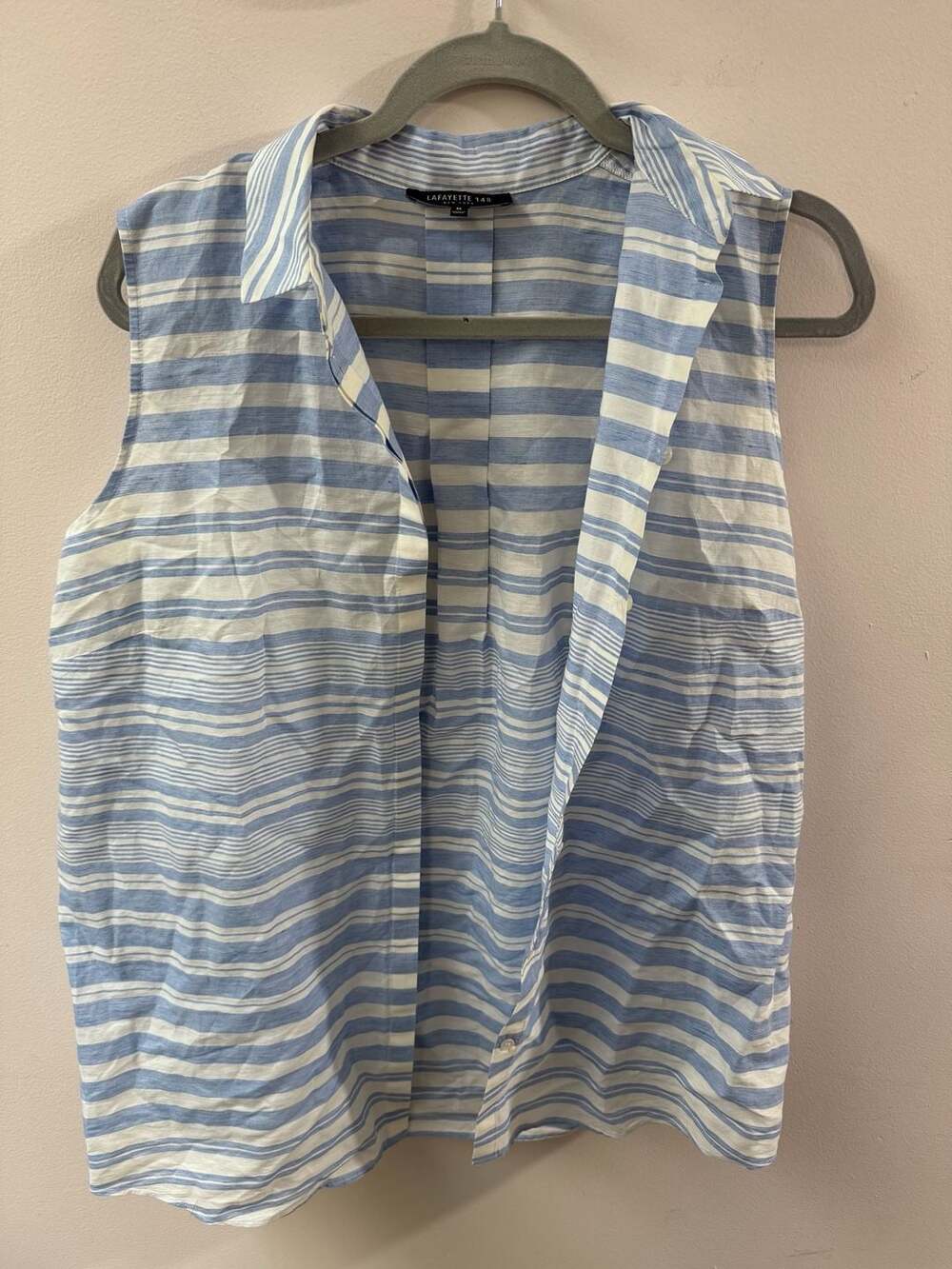 Lafayette 148 New York Blue & White Striped Sleeveless Button-Down Blouse Size M